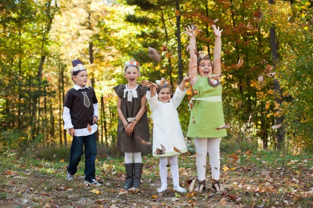 Thanksgiving Kids Party playing outside in leaves