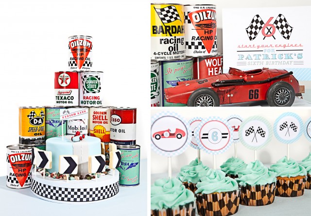 vintage race car cake and cupcakes