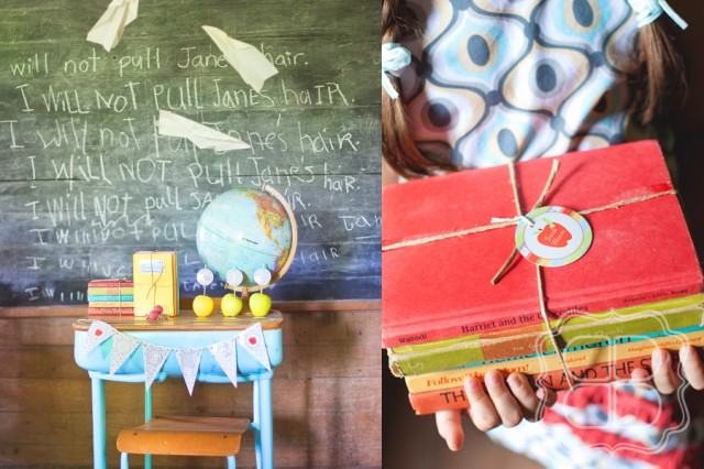 Playful antics in a vintage schoolhouse themed shoot, featuring DIY party printables by Anders Ruff and children's photography by photographer Becca Bond.