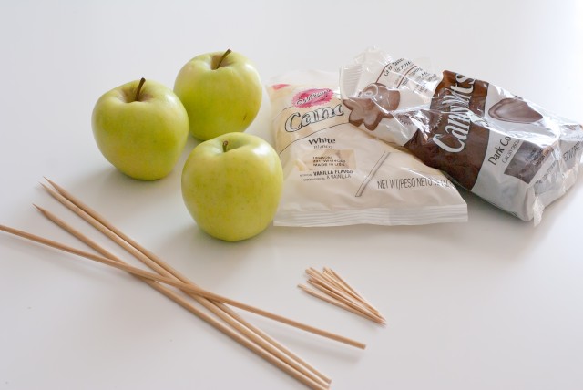 Supplies apples, skewers, melting chocolate, toothpicks