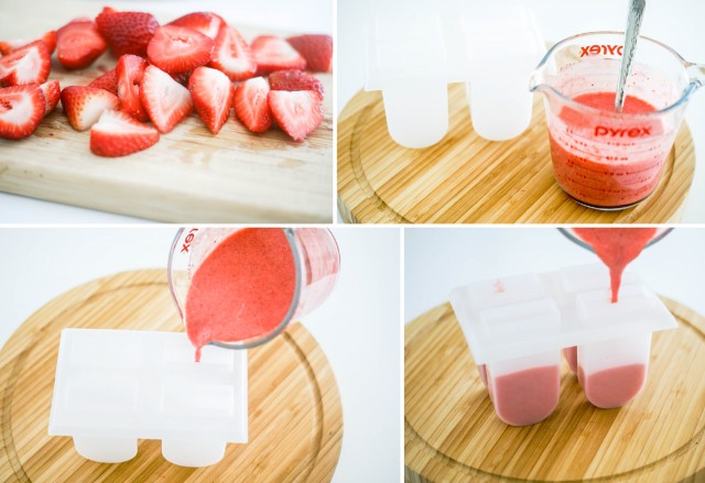 preparing strawberries and cream popsicles