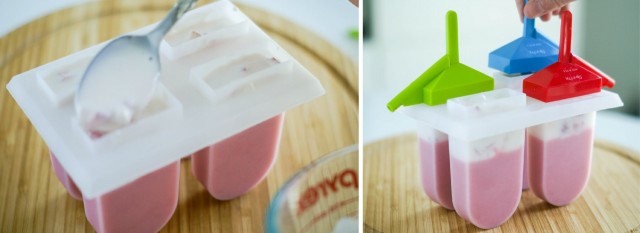 Filling popsicles with strawberries and cream