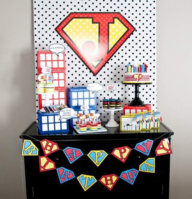 super hero party dessert table