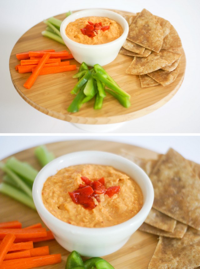 Serving spicy red pepper hummus with fresh veggies and warm tortillas