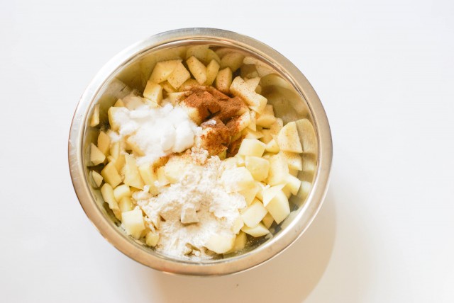 Mixing ingredients for caramel apple pie