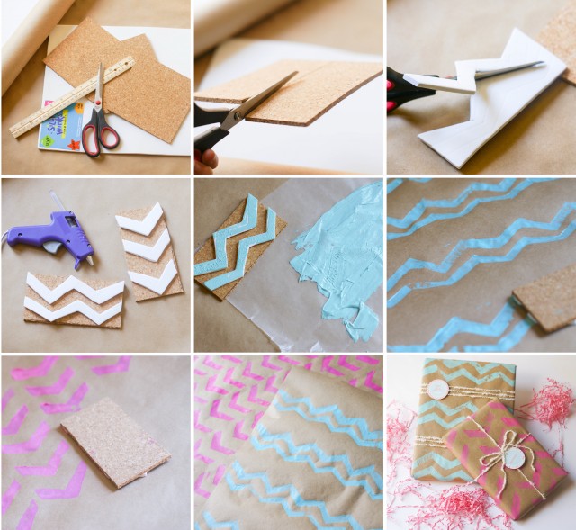 making chevron stamps and chevron wrapping paper