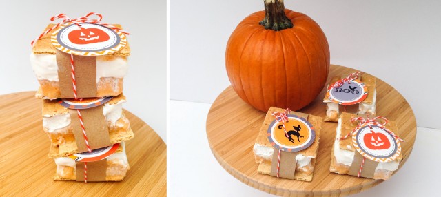 Wrapping Pumpkin Pie Ice Cream Sandwiches with twine and party logos