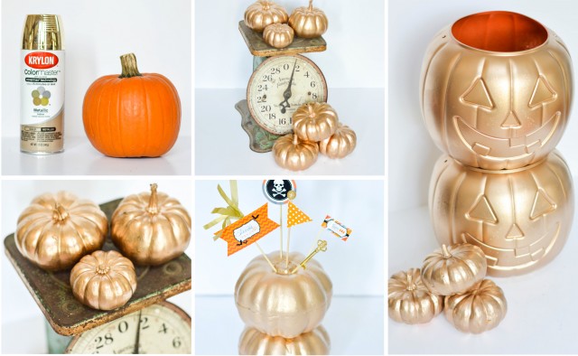 Spray painting all types of pumpkins with gold paint