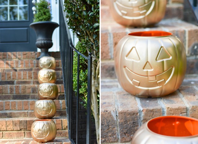 Painting plastic pumpkins with gold paint