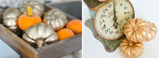 Painting real pumpkins and gourds with gold spray paint