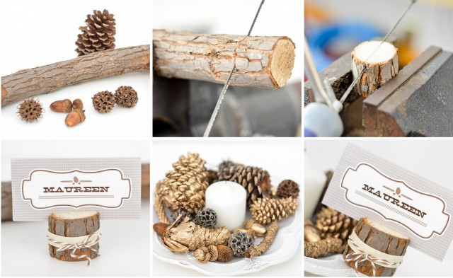 Rustic Place Card holders with logs, twine & ribbon