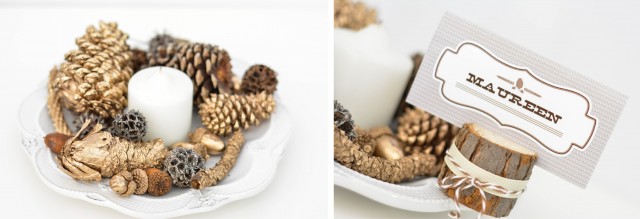 Rustic Table Setting with gold painted pine cones, acorns and sweet gumball pods