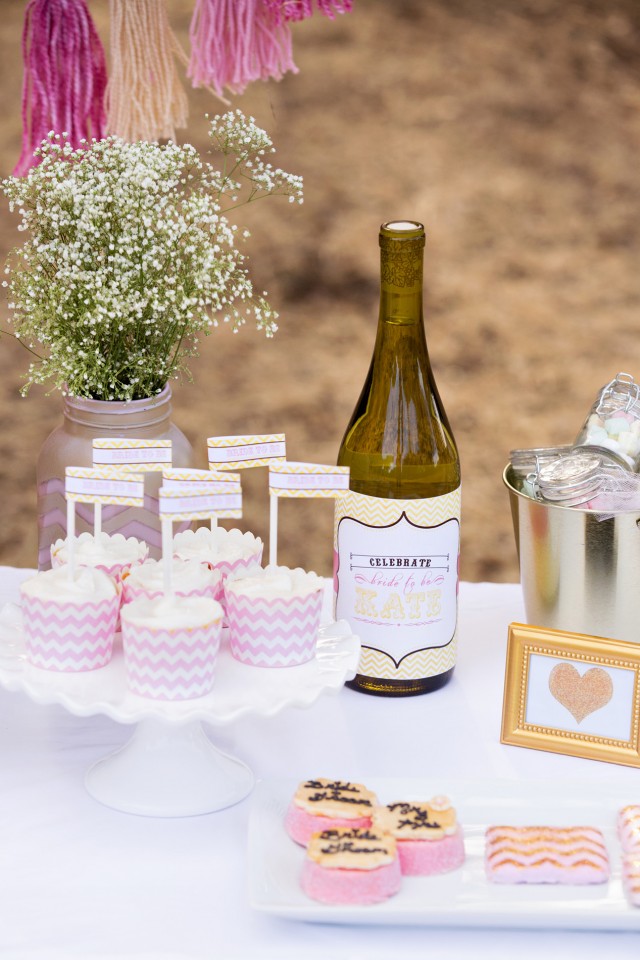 bridal shower cupcakes and personalized wine bottles