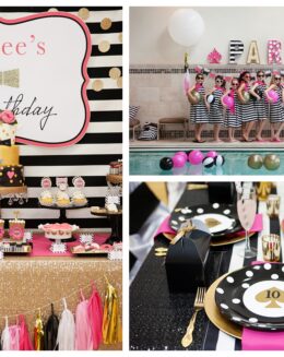 Kate Spade inspired pool party dessert table with pink and gold decorations