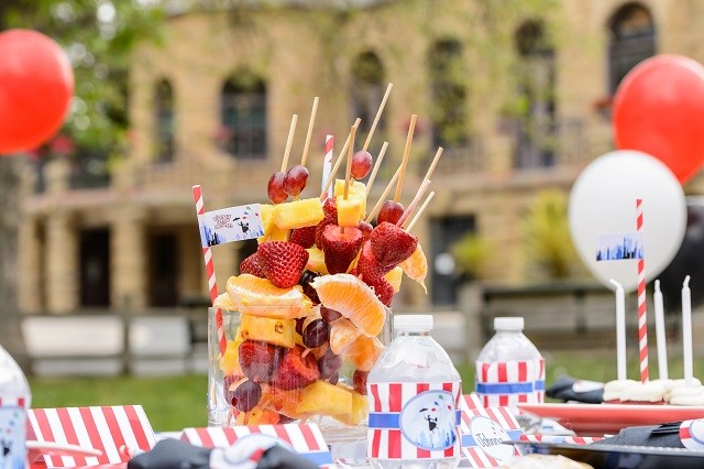 Fruit kabobs in case serve as centerpiece