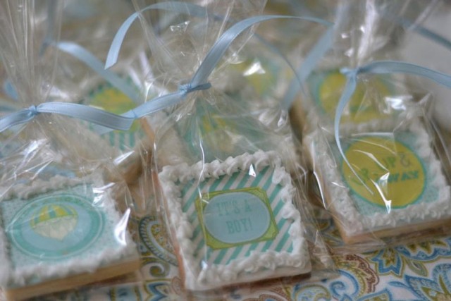 Cookie favors at Hot Air Balloon party. Anders Ruff logos are printed on printable transfer paper and put on cookies.