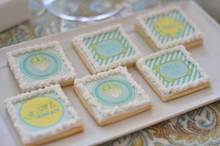 Cookies at Hot Air Balloon party. Anders Ruff logos are printed on printable transfer paper and put on cookies.