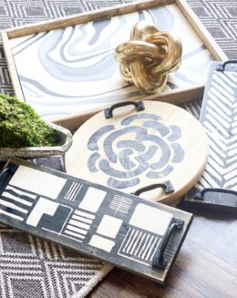 We are thrilled to introduce our DIY Modern Abstract Collection! Modern abstract art is everywhere this season! We are excited to share new designs with patterns and textures.  The popularity of DIY home decor remains high, and this new collection leans into the modern trend of abstract art that is popping up all over the place. Read on to see a sneak peek of the DIY modern abstract home decor pieces you can make at an AR Workshop near you! This new modern abstract collection was inspired by nature, fashion and abstract elements that are trending in interior design. Pattern brings expression and movement to any space. Guests at an AR Workshop can feel proud to create a piece that compliments their room for years to come. We have a set of 3 abstract patterns (geometric leaves, herringbone and blocks/stripes) that blend perfectly together. We also created a geode set that can be displayed by itself or in a pair.    We believe customers will especially love that these collections all play off of each other and are perfect for mixing and matching. There are several small tray options available for DIY, which can also be purchased in our retail section. We are grateful to Loftus Design, an incredible interior designer who opened up her home for the photoshoot of this new modern abstract collection! We can't wait to see you make and decorate your home with the new DIY modern abstract collection from AR Workshop!