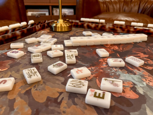 Brownstone Bloom Mahjong tiles by Anders Ruff x Indigo Pruitt Design Studio, featuring botanical details, a moody color palette, soft lavender and mauve accents, and elegant hand-finished designs inspired by Brooklyn brownstones.
