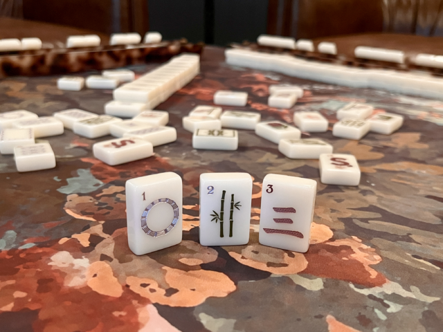 Brownstone Bloom Mahjong tiles by Anders Ruff x Indigo Pruitt Design Studio, featuring botanical details, a moody color palette, soft lavender and mauve accents, and elegant hand-finished designs inspired by Brooklyn brownstones.